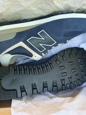 New Balance Navy and Cream Suede Trail Runner Sneaker